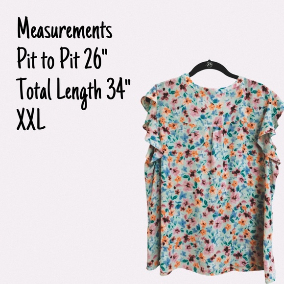 EUC Elle XXL Multicolored Floral Blouse With V-Neck & Ruffle Cap Sleeves - Picture 2 of 5